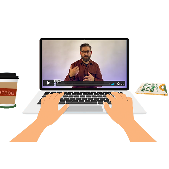 A laptop shows a video focused on Restore Renew Rebuild