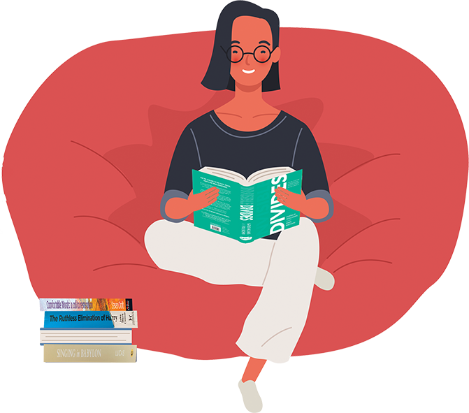 a woman sat on a stool reading a copy of Restore Renew Rebuild