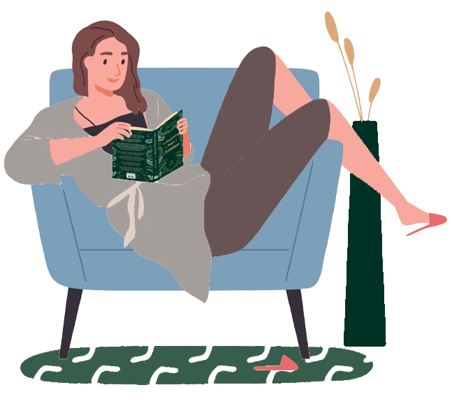 A woman lies on the sofa reading Restore Renew Rebuild